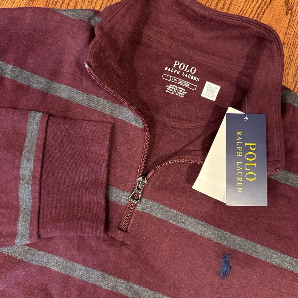 NWT Polo Ralph Lauren Performance 1/4 Zip Pullover‎ Men's L Maroon Grey Striped